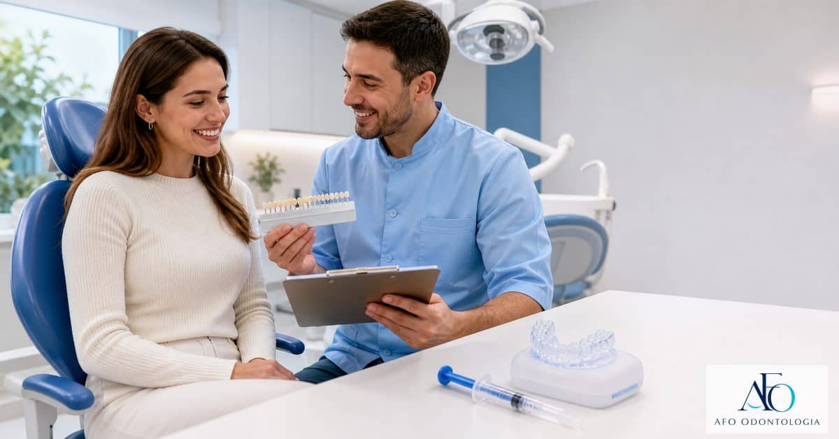 Paciente em consulta de clareamento dental com guia de cor e moldeira na AFO Odontologia em Taboão da Serra