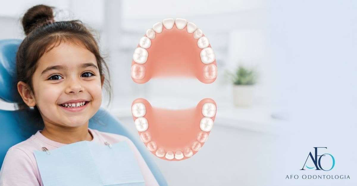 Arcada infantil ilustrada mostrando etapas de nascimento dos dentes de leite