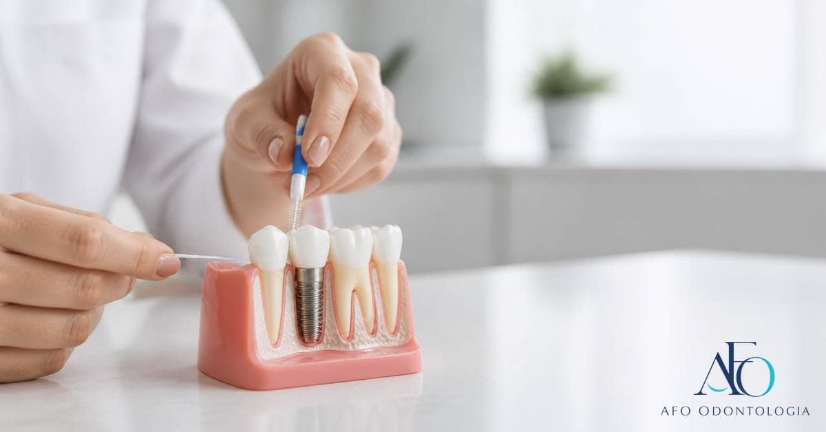 Escova interdental e fio super floss em modelo de implante sem marca