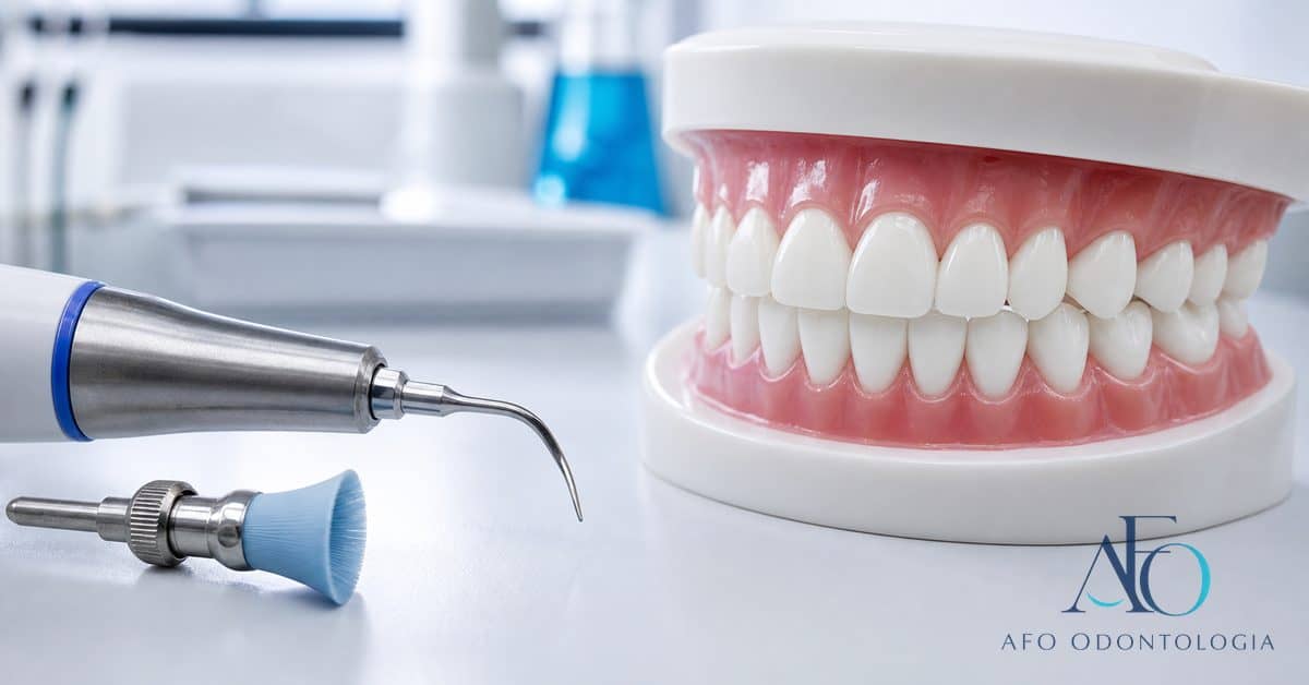 Procedimento de limpeza dental profissional (profilaxia) removendo tártaro dos dentes em consultório odontológico em Taboão da Serra