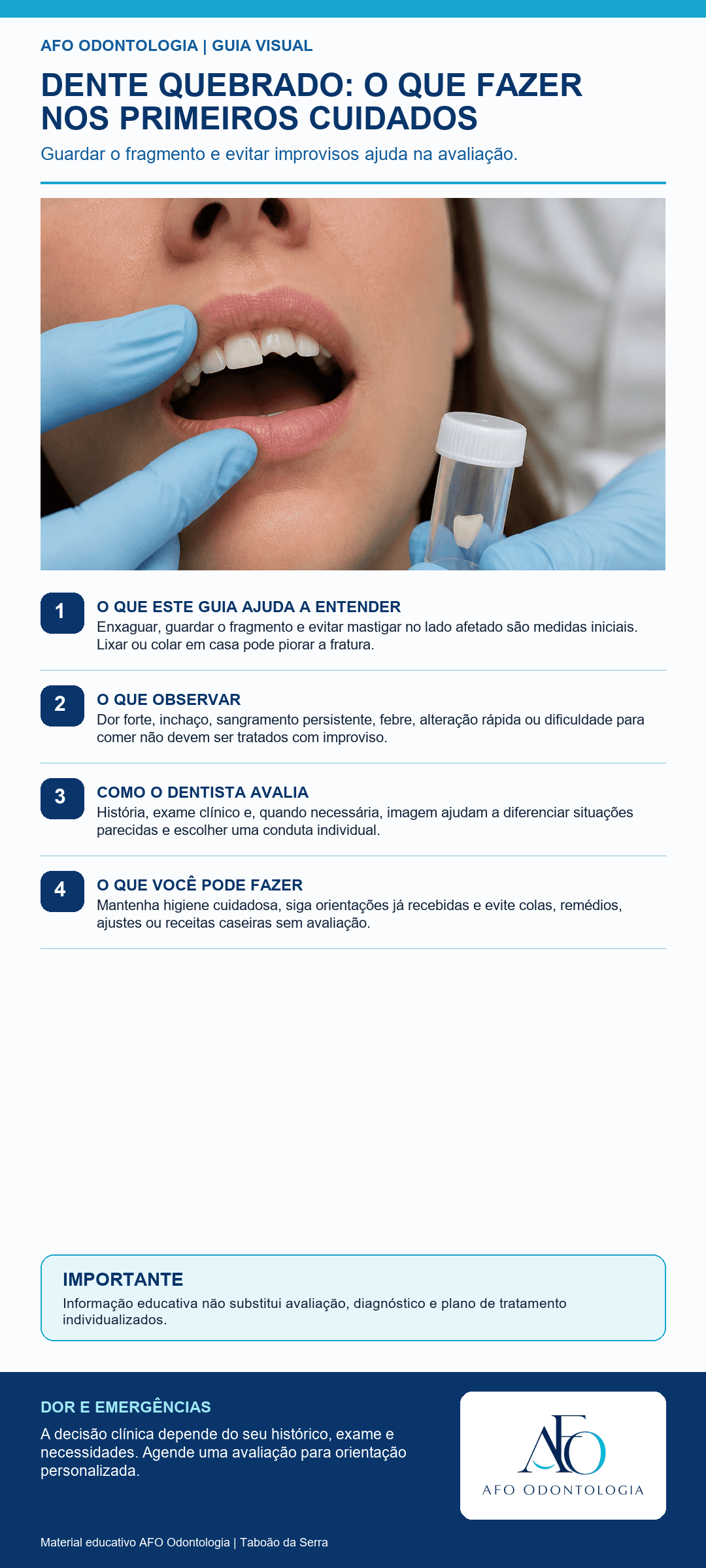 Infográfico AFO: Dente quebrado: o que fazer nos primeiros cuidados em Taboão da Serra
