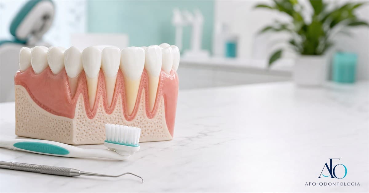 Modelo dental com retração gengival e raiz exposta em Taboão da Serra