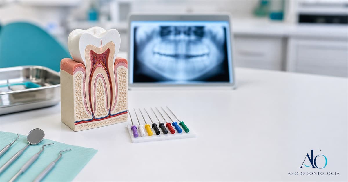 Modelo de dente com canais radiculares e instrumentos endodônticos em Taboão da Serra