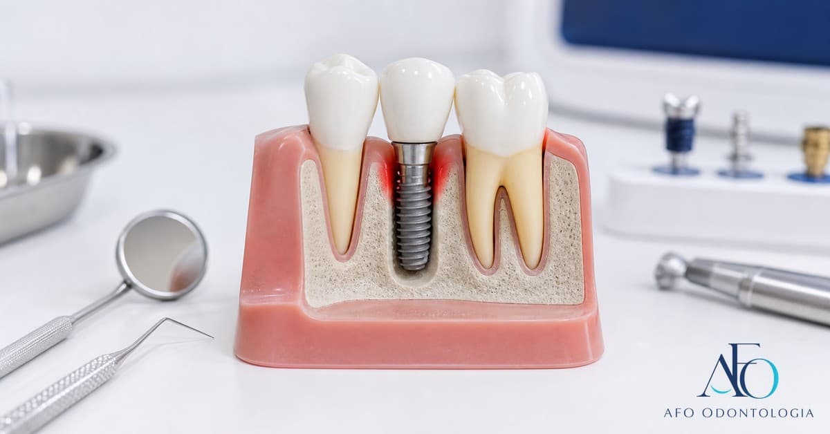 Implante dentário com gengiva inflamada e instrumentos de avaliação periodontal, ilustrando peri-implantite em Taboão da Serra
