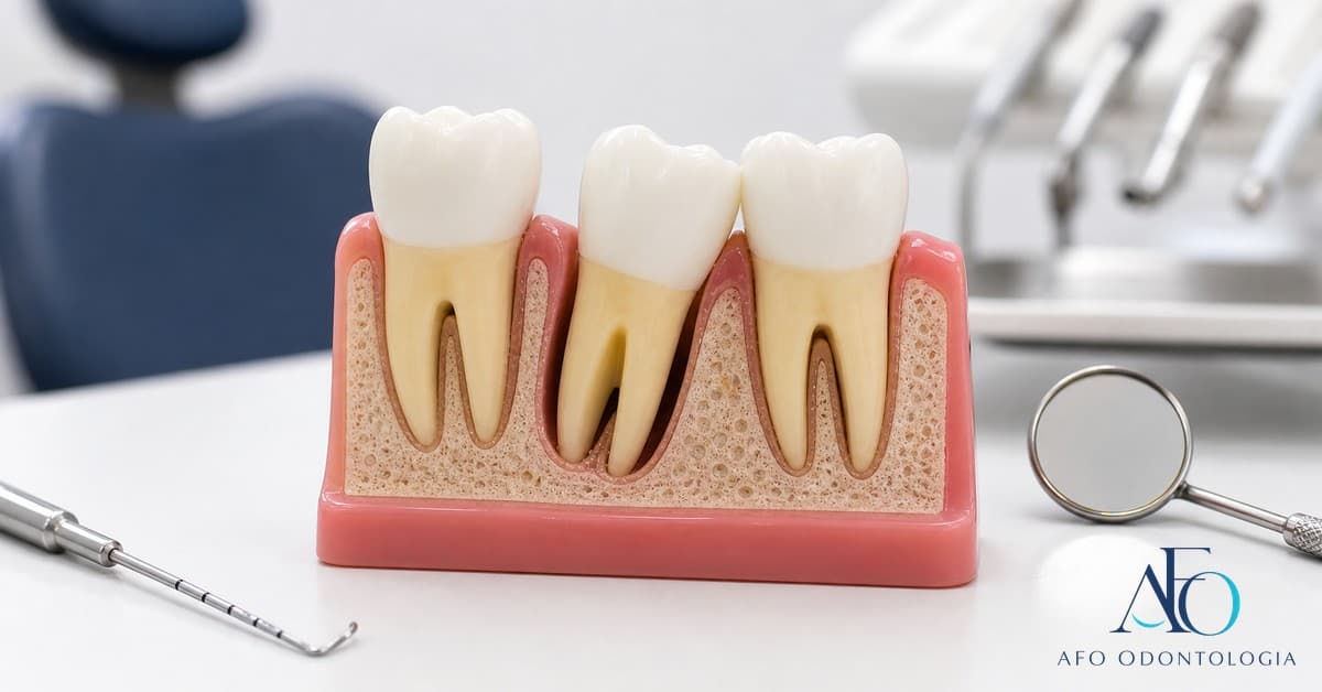 Dente com mobilidade em modelo gengival, ilustrando dente mole em adulto em Taboão da Serra