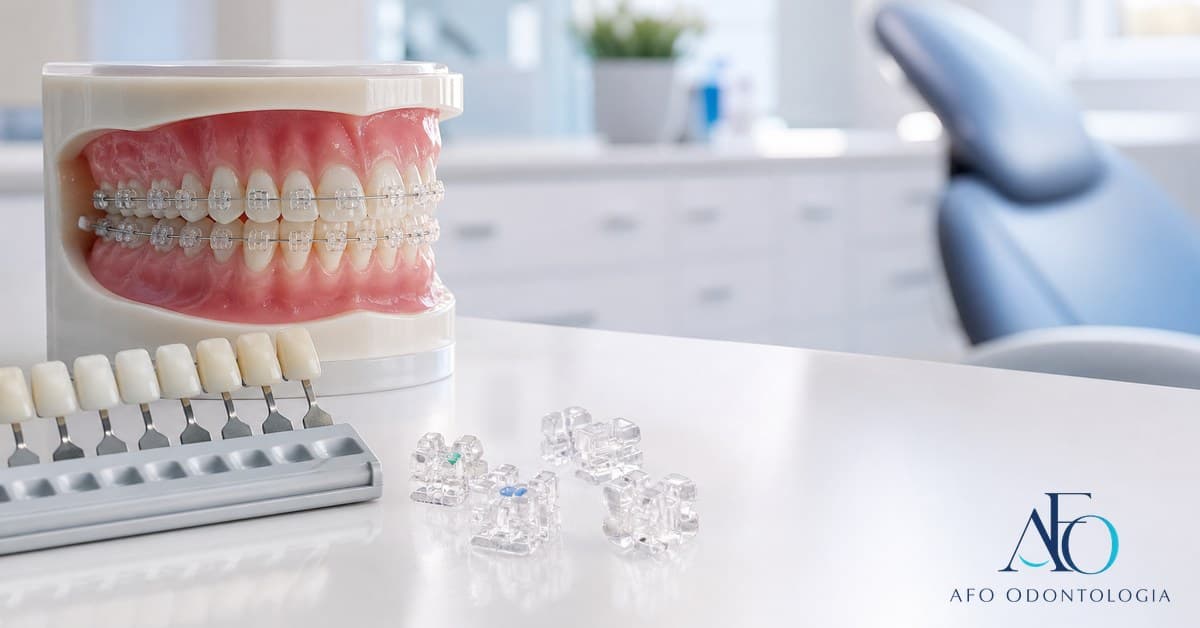 Aparelho estético transparente em modelo dental, comparando porcelana e safira em Taboão da Serra