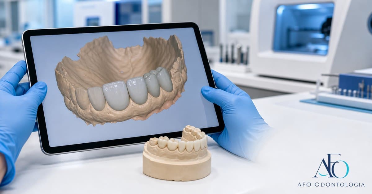 Escaneamento intraoral e fluxo digital para prótese dentária em bancada clínica, mostrando planejamento em Taboão da Serra