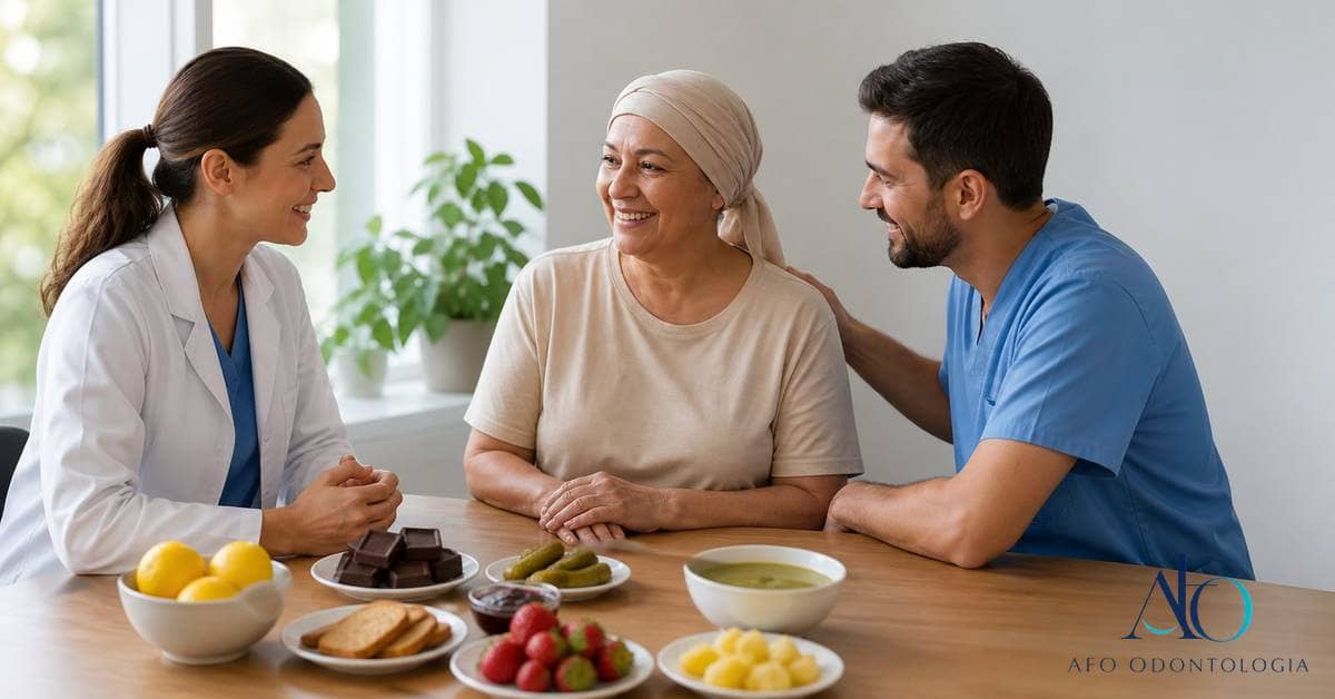 Alimentos com ícones de sabores e paciente conversando com equipe de saúde