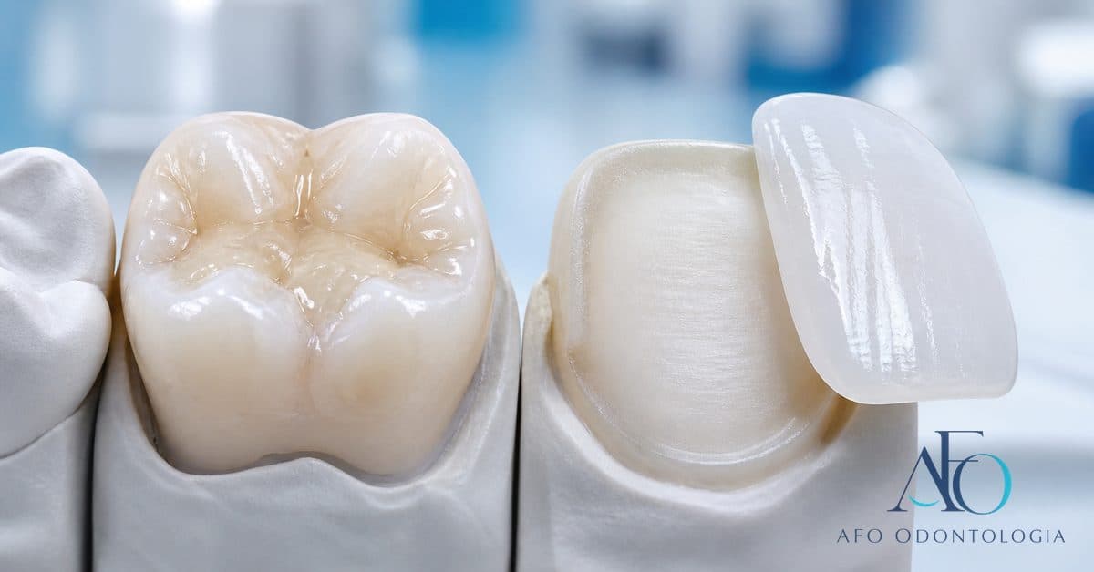 Comparação entre restauração dentária e faceta de porcelana sobre bancada odontológica, ilustrando a diferença entre os dois tratamentos em Taboão da Serra