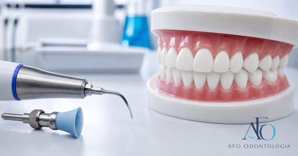 Procedimento de limpeza dental profissional (profilaxia) removendo tártaro dos dentes em consultório odontológico em Taboão da Serra