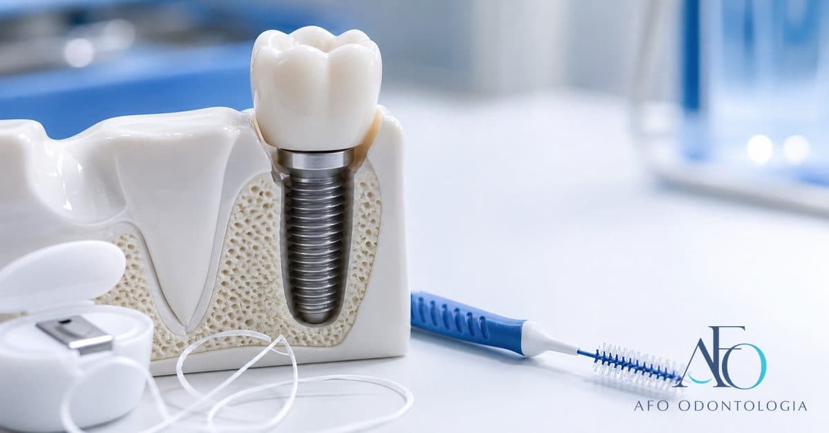 Implante dentário e componente protético sobre bancada odontológica, ilustrando cuidados de higiene para evitar mau cheiro em Taboão da Serra
